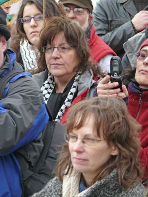 Treasa in center with daughter, Naisrin, behind her pictured at a recent GAAW anti-war/ Gaza solidarity protest in Eyre Square, Galway.