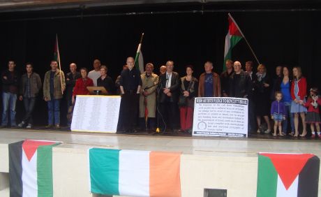 Pledge Signatories (L-R): Hassan Ould Moctar (musician), Philip Donnery (musician), Jimmy Murphy (playwright), Felim Egan (painter), Renate Debrun (artist), Sami Moukkadem (musician, writer), Rhona Clarke (composer), Dave Lordan (poet), Raymond Deane (com