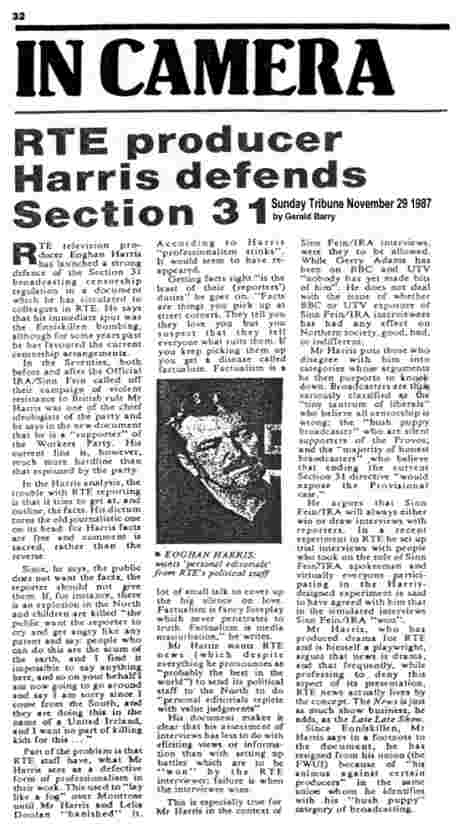 The late Gerald Barry of RTE wrote this Sunday Tribune column on 29 November 1987 that exposed Harris RTE witch-hunt - click to read