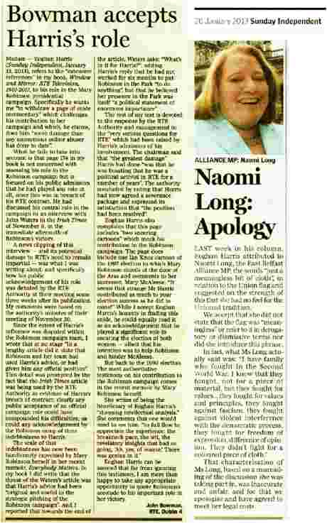 Naomi Long MP Sunday Independent apology and letter from John Bowman - click to read