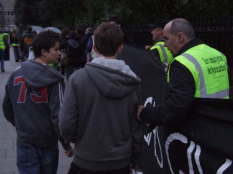 Pat explaining the Great Gas Robbery to Dublin's young citizenry.