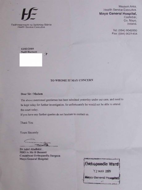 Click on image to see full-sized version Letter from Hospital to court