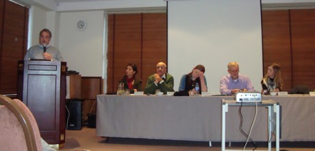 L-R: Aengus O'Snodaigh TD (Sinn Fein), Anaheed Al-Hardan (IPSC), Prof Mahmoud Muhareb (Al Quds Uni), Marie Crawley (IPSC Chair), Jeremy Corbyn MP (Labour) & Freda Hughes (IPSC)