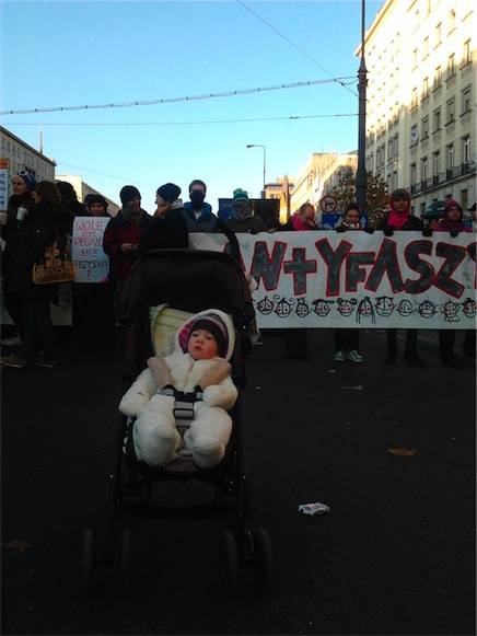 Mia (my kid) on the frontline. "Let me at them fascists, let me at them......"