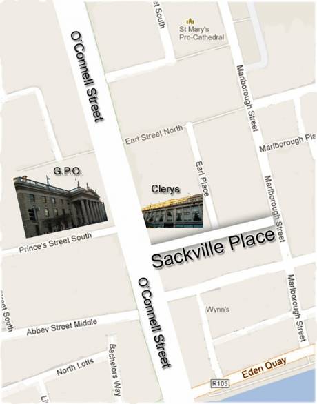 Map of O'Connell Street area showing the location of Sackville Place in relation to the GPO and Clerys