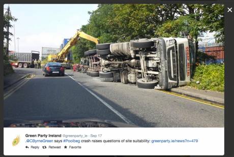 A pic of the overturned truck en route to Poolbeg, where the incinerator will be. If this incinerator goes through, there will be 250 toxic carrying trucks DAILY driving to and from Poolbeg into our city streets, narrow and small, with potential to tip to